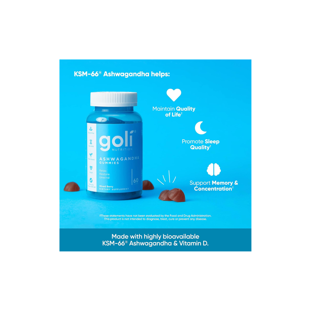 Goli® Ashwagandha y Vitamina D | Relájate. Restaura. Descansa. | 60 Unidades