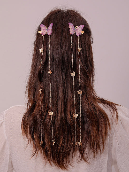 2 Clips para el Cabello con Diseño de Mariposa y Borlas