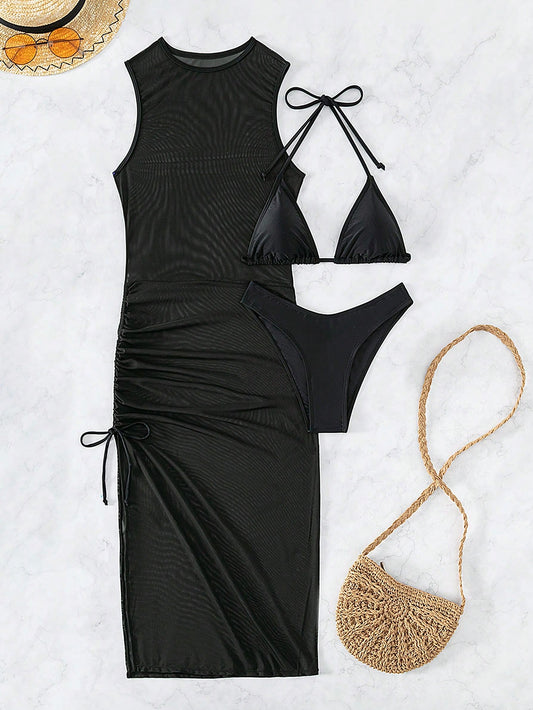 Conjunto de Bikini Triangular con Halter y Cubresol de Playa de SHEIN Swim