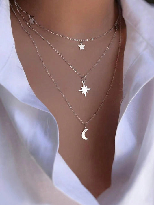 Collar Triple Capa con Diseño de Estrella y Luna, Perfecto para Uso Diario
