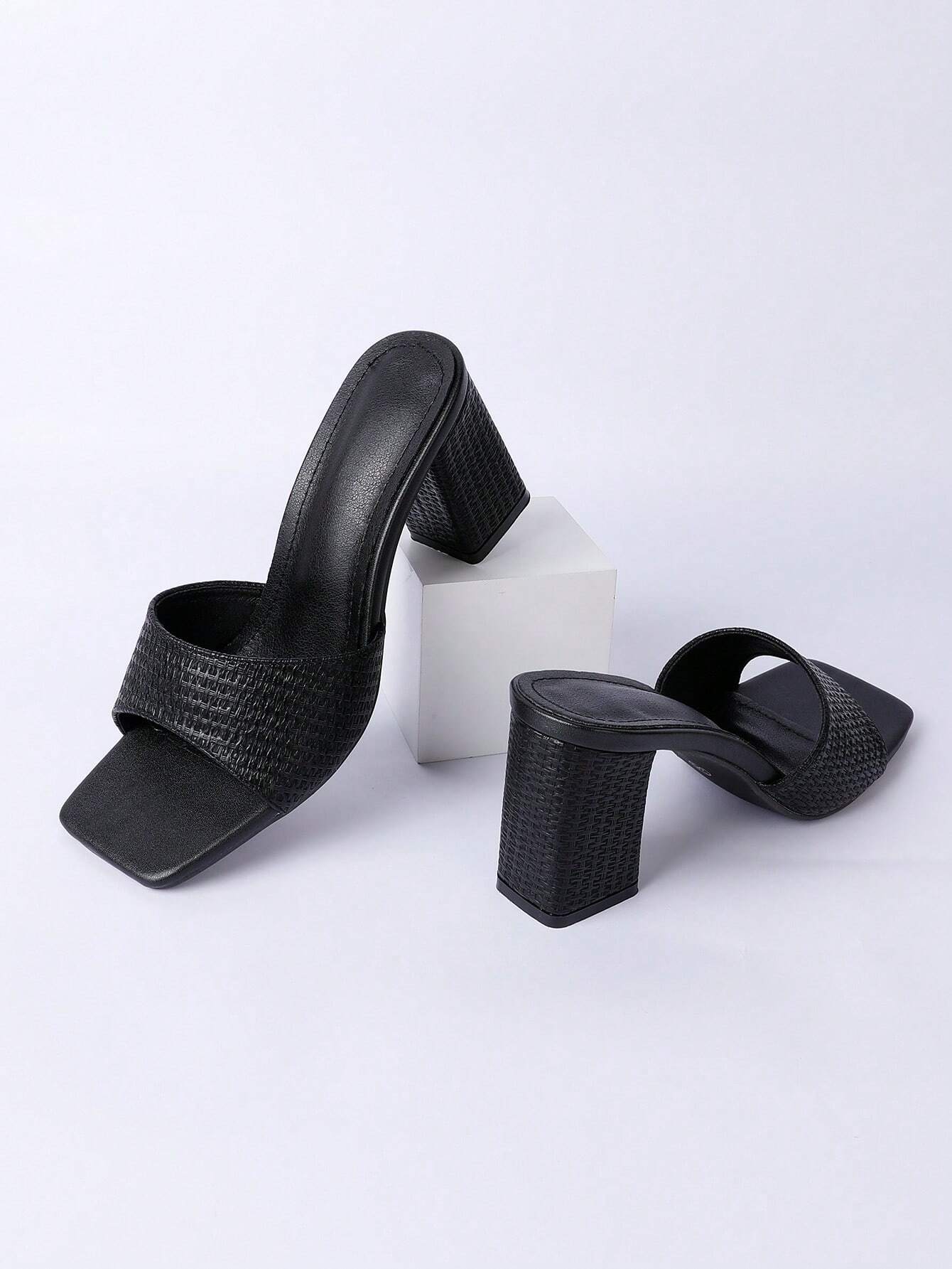 Elegant Mule Sandals for Women, Crocodile Embossed Chunky Heeled Sandals