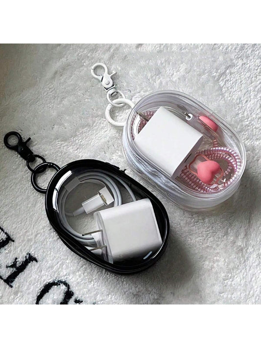  2Pcs Mini Clear Zipper Key Pouch Set - Black & White Keychain Cases for Earphones, Chargers & More