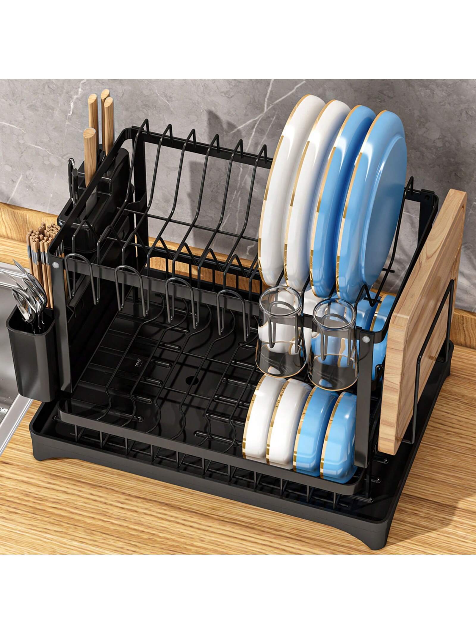 2-Tier Dish Drying Rack with Multifunctional Storage