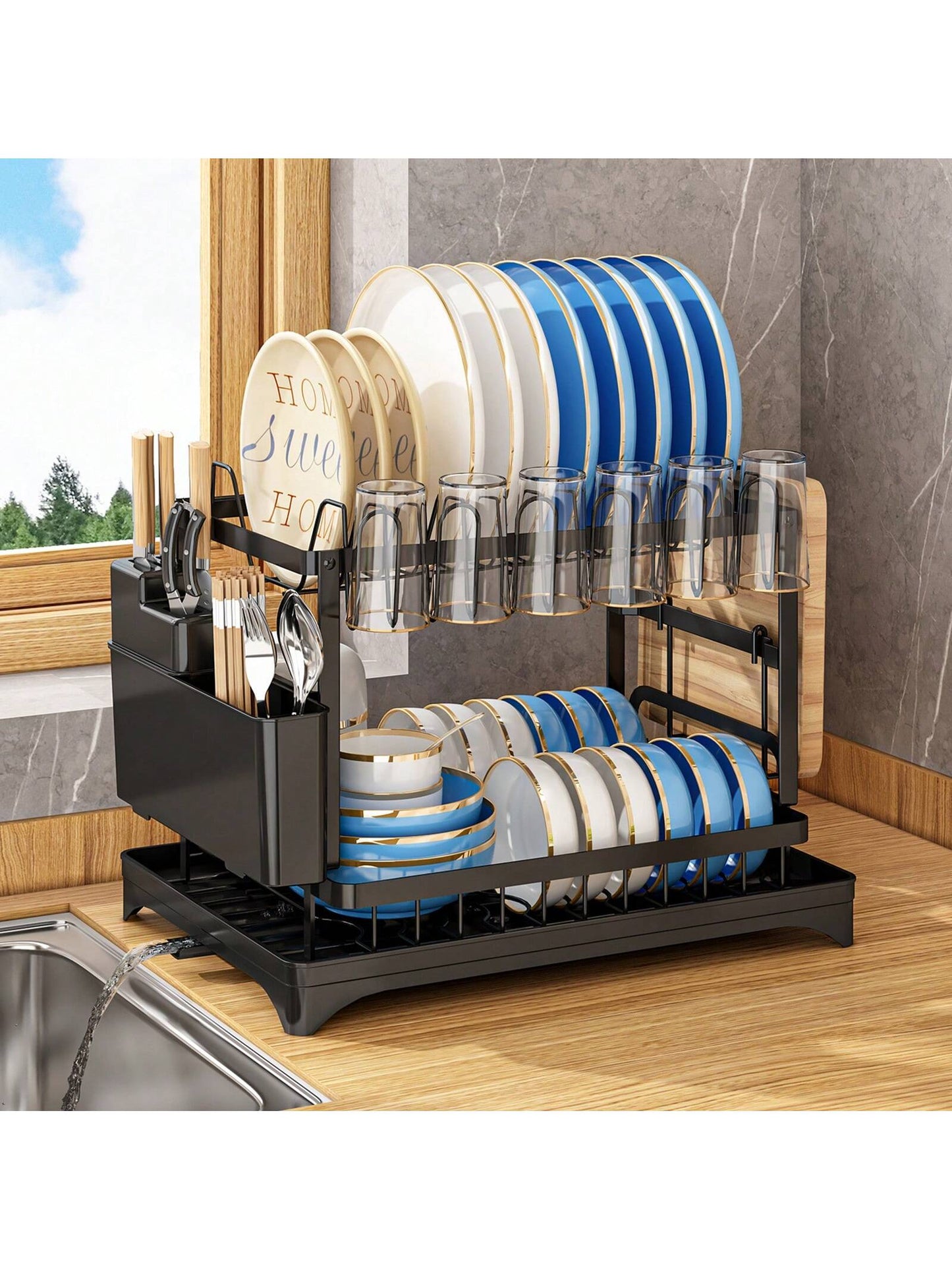 2-Tier Dish Drying Rack with Multifunctional Storage