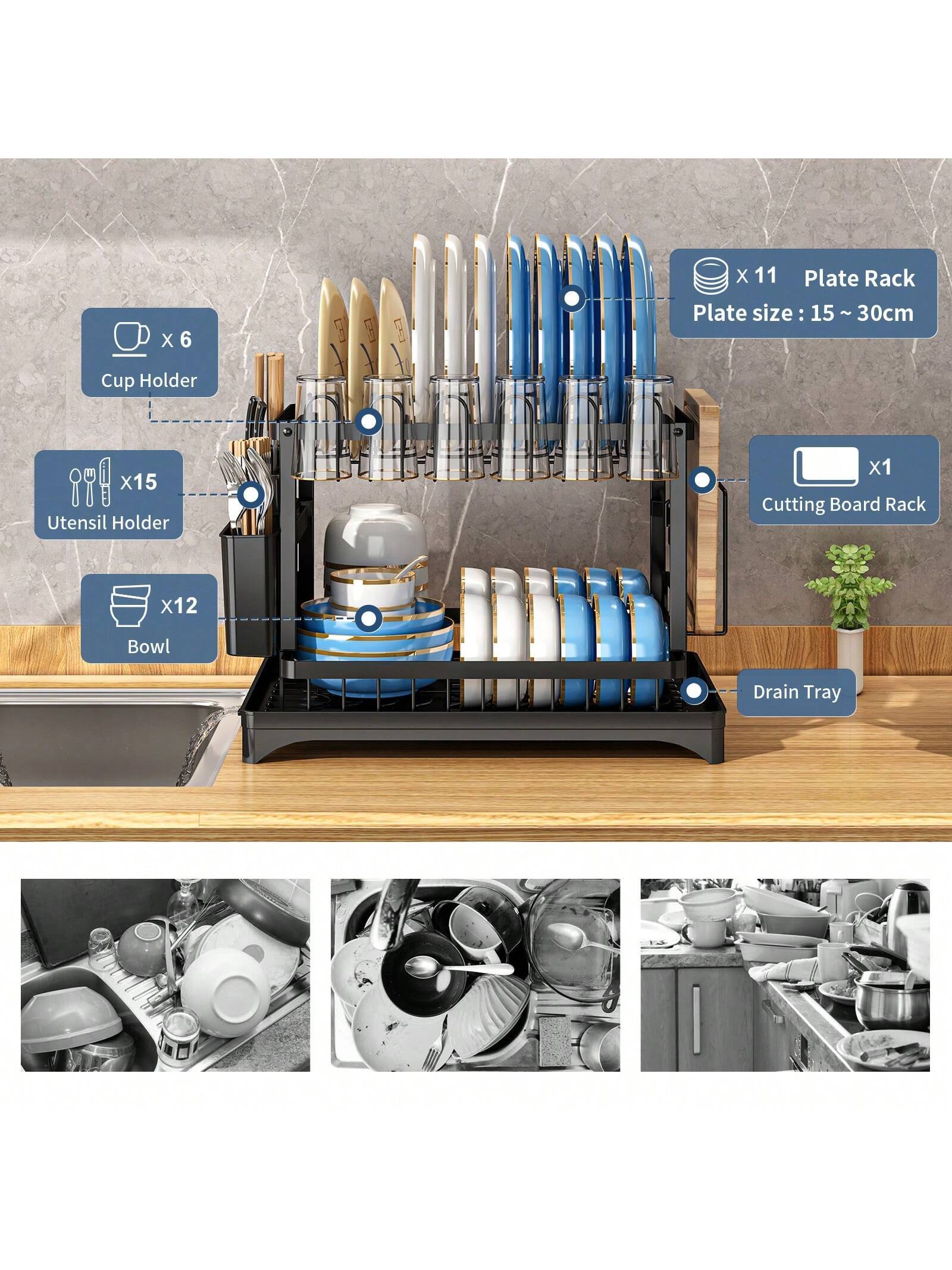 2-Tier Dish Drying Rack with Multifunctional Storage