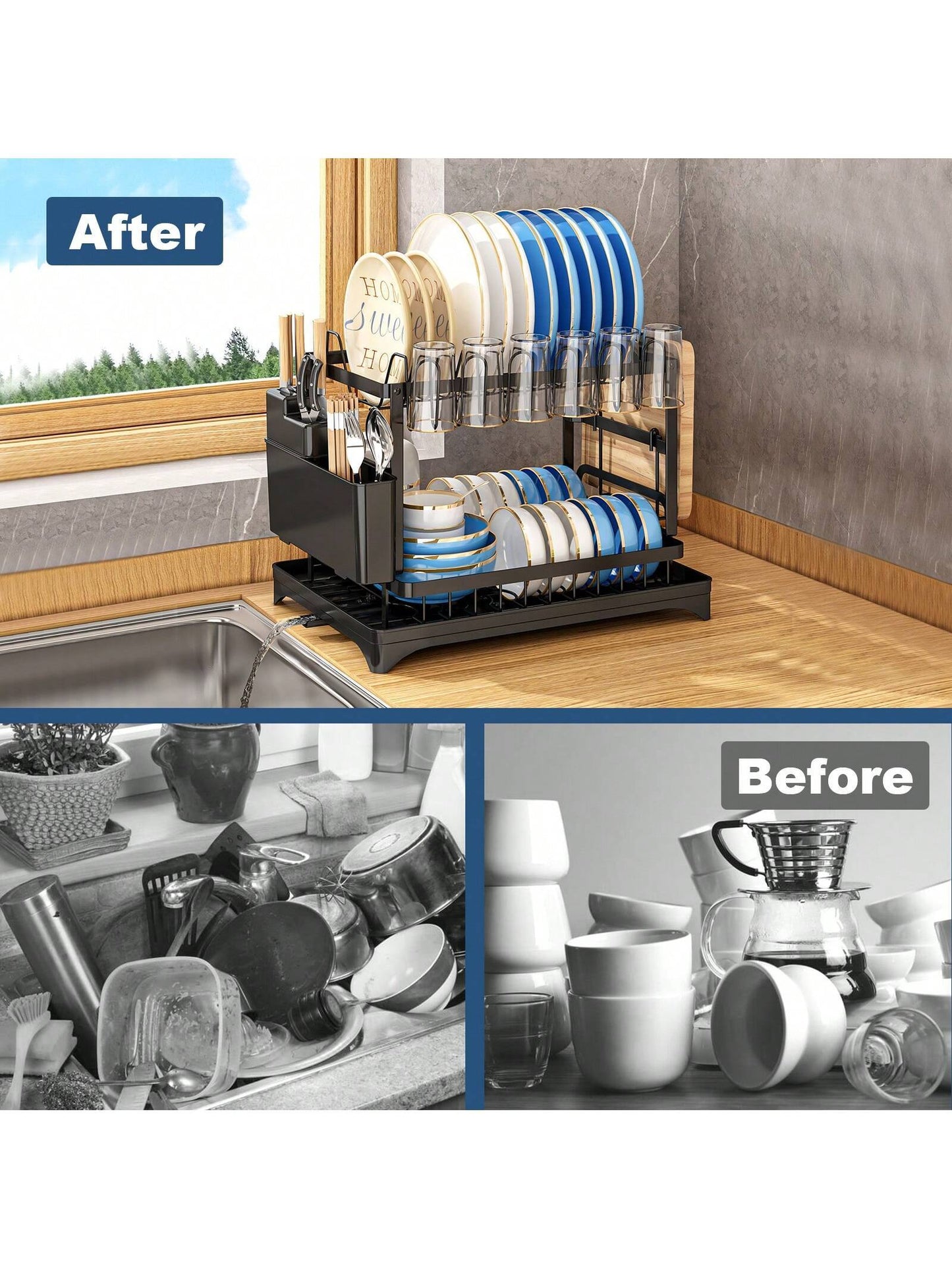 2-Tier Dish Drying Rack with Multifunctional Storage