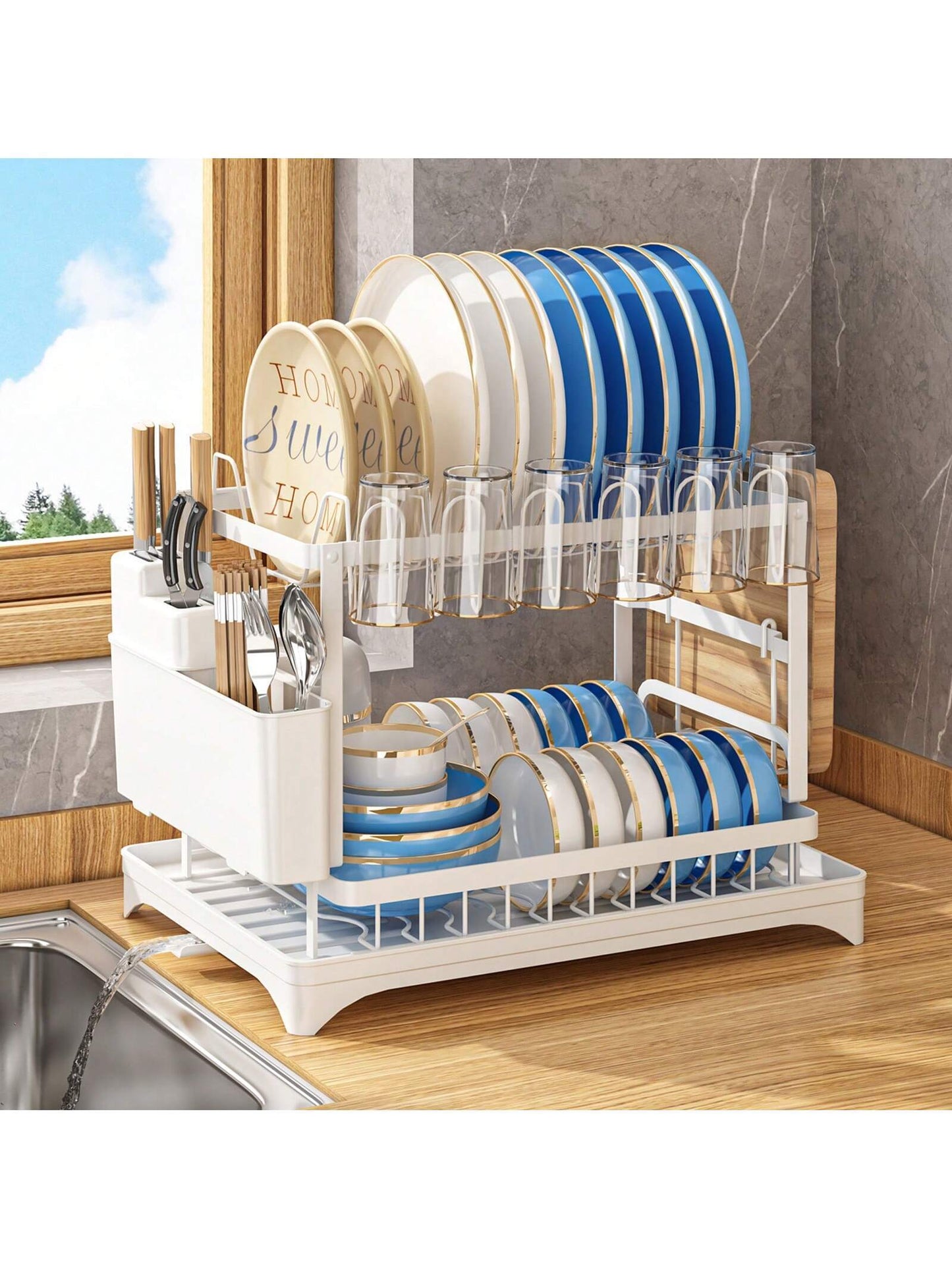 2-Tier Dish Drying Rack with Multifunctional Storage