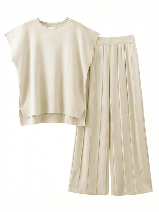 Conjunto de Suéter Sin Mangas y Pantalones de Pierna Ancha de Color Sólido para Mujer de Verano
